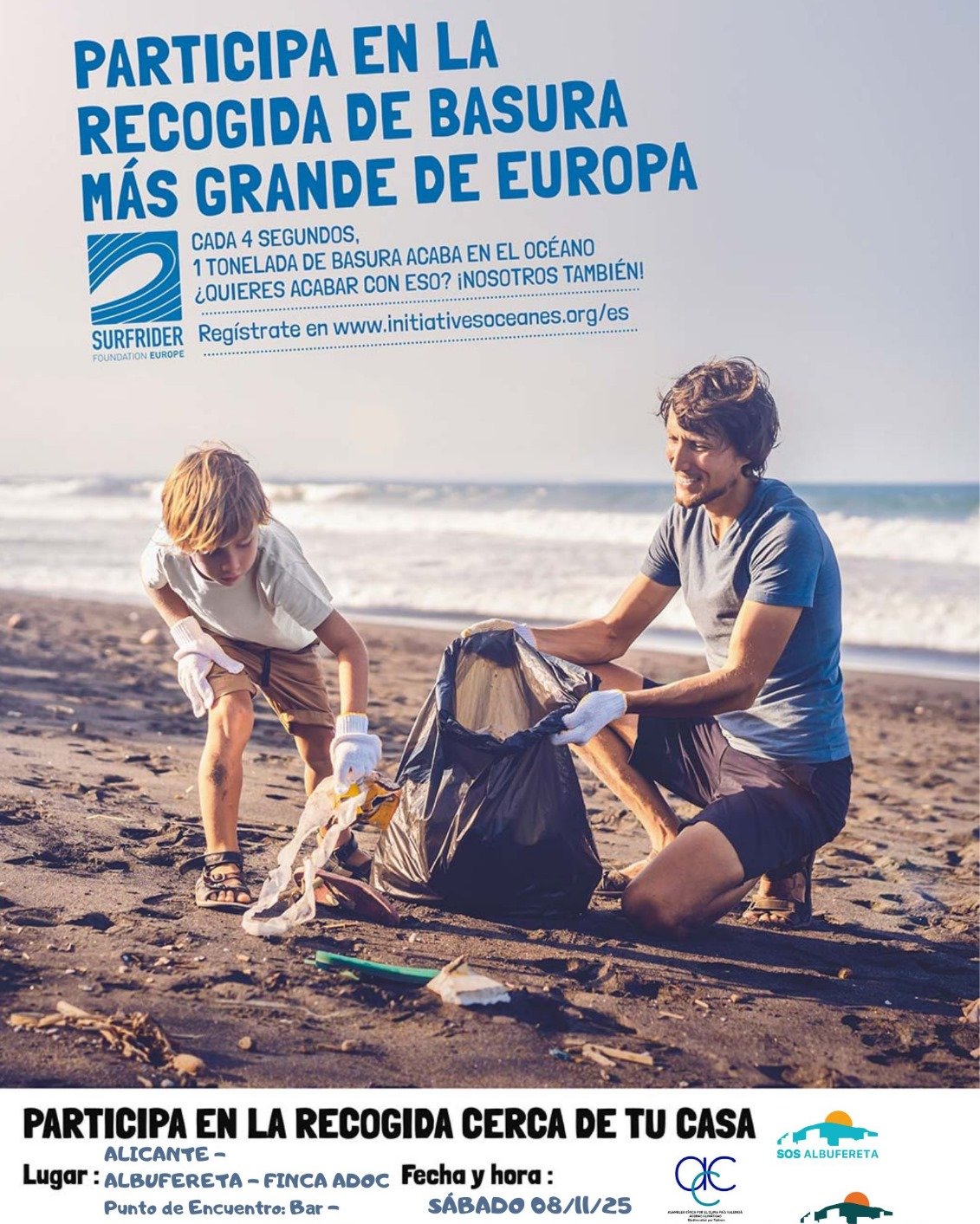 Notición! @surfrider y @asambleacivicaxelclimapv nos acompañarán en la siguiente limpieza del barrio!
Como sabéis organizamos las salidas de limpieza el último domingo de mes. 
Pero la del Octubre, la movemos al primer sábado de Noviembre día 8, ya que tenemos una colaboración especial con la organización SufRider y de la Asamblea Cívica por el Clima. 

Y colaboraremos con esta limpieza en especial, en el recuento re recogida de basura marina que hacen ellos por todo el globo 🌍
 Ellos aportan el material y pancartas y será algo distinto, una mañana de fiesta convivencia por el barrio y el medio ambiente. 

Sábado 8 de Noviembre
10.00 am Frente a La Familia

Si puedes venir regístrate, ellos, que llevan trabajando ya mucho tiempo en el litoral, tienen un seguro y nos ofrecen esa cobertura. 
https://www.initiativesoceanes.org/es/collecte/nettoyage-plage-alicante-11/

En el botón "Participa" se abre un formulariode nombre, e-mail y una contraseña (la que quieras). Y con eso ya está 💙🤍

¡Anímate a venir!

----------
@alicantedondevas @coordinadoraalicantelimpia @alicanteayto @hacesalicante @alicantenecesita @uniralacant @12tv_alicante @alicanteenaccion @ppalicanteciudad
@psoe_ayuntamiento_alicante @compromisalacant @@vox.alicante.capital @eualacant 
@informacion.es @ondaceroalicante  @radio@radioalicante @proyectoterraalicante  @alicanteplaza_es @alacantplan @alacantenbici @avvravalroig @asociacion_juntos_avanzamos